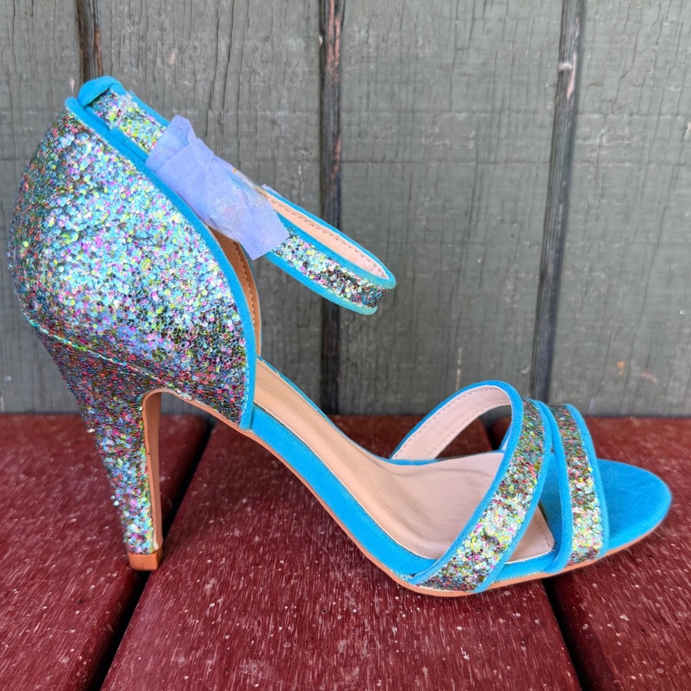 Qupid Ilicia-14 Mint Multi Glitter Ankle Strap Stiletto Heels Womens Sz 6 NEW